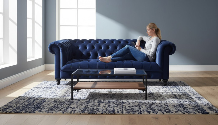 Granatowa Trzyosobowa Materiałowa Kanapa Chesterfield Design Podkładka Sofa 220cm Nowość