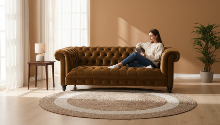 Sofa materiałowa trzyosobowa Chesterfield Brown Nowa oryginalna podkładka pod kanapę