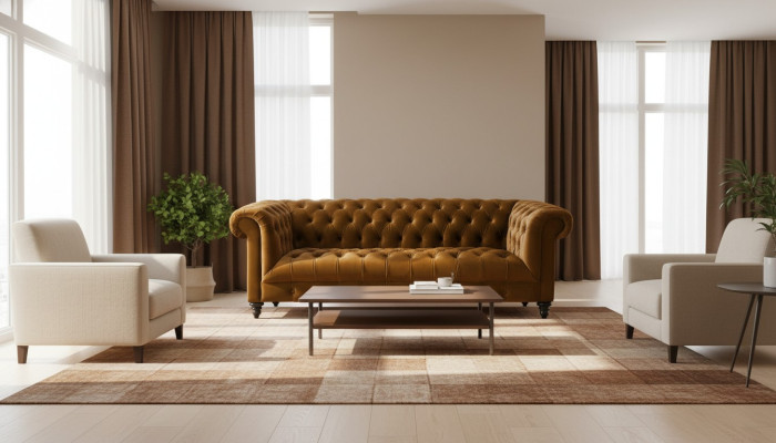 Sofa materiałowa trzyosobowa Chesterfield Brown Nowa oryginalna podkładka pod kanapę