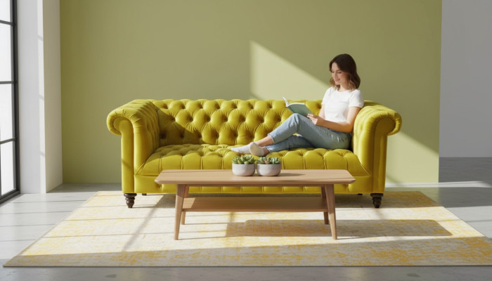 Żółta Trzyosobowa Kanapa Chesterfield Nowoczesny Design Sofa Materiałowa Nowe Oryginalne Meble