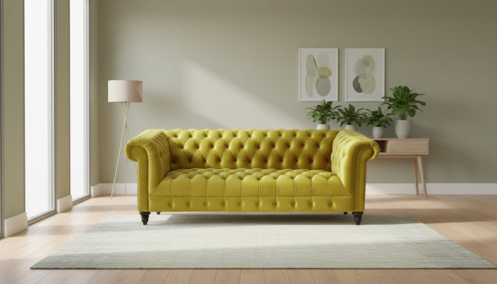 Żółta Trzyosobowa Kanapa Chesterfield Nowoczesny Design Sofa Materiałowa Nowe Oryginalne Meble