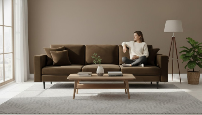 Brązowa 4-osobowa sofa z tkaniny, designerska sofa do salonu, nowoczesne sofy.
