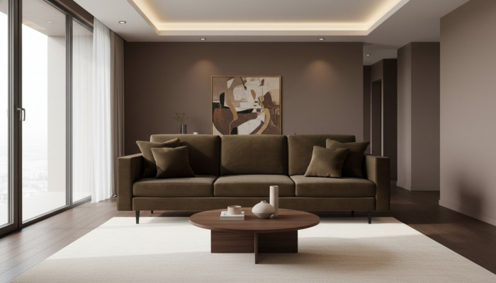 Brązowa 4-osobowa sofa z tkaniny, designerska sofa do salonu, nowoczesne sofy.