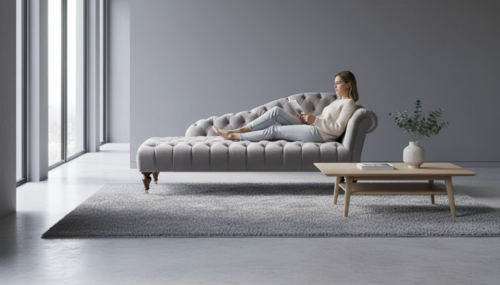 Szezlong Klasyczne Meble Beżowy Sofa do Salonu Materiał Chesterfield