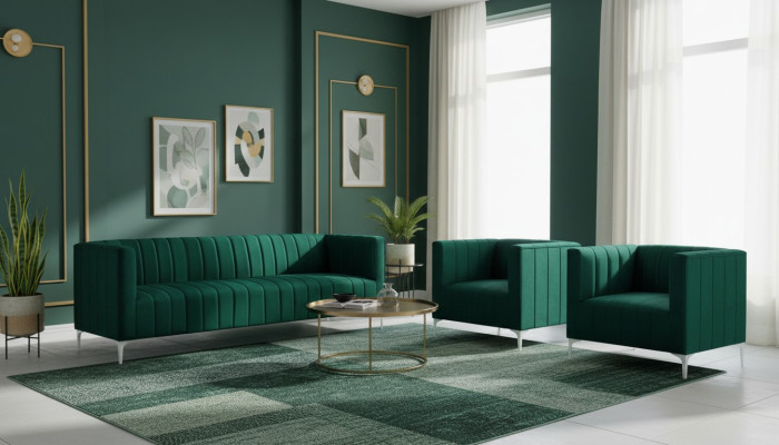 Zestaw sofowy Trzyosobowy Materiał Salon Aksamit Design Zielona Sofa 2 Fotel Grupa