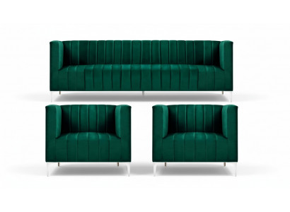 Zestaw sofowy Trzyosobowy Materiał Salon Aksamit Design Zielona Sofa 2 Fotel Grupa