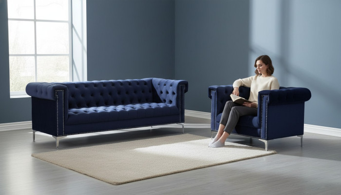Niebieski Chesterfield Zestaw sofowy kanapa Royal Blue komplet wypoczynkowy Obcios nowy
