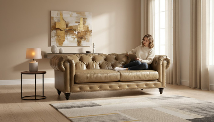 Jasnobrązowa trzyosobowa sofa do salonu Skóra Chesterfield Chesterfield Nowość