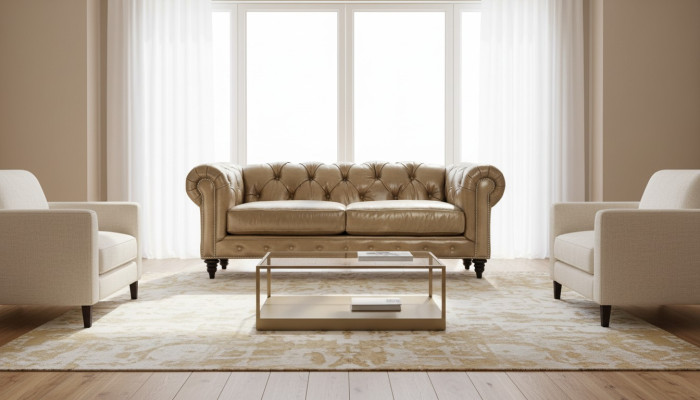 Jasnobrązowa trzyosobowa sofa do salonu Skóra Chesterfield Chesterfield Nowość