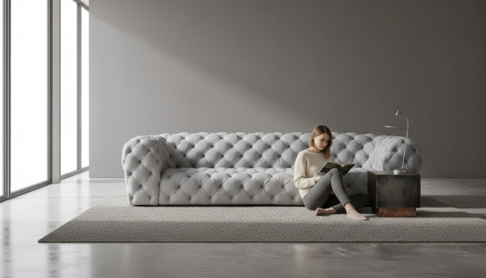Szary Chesterfield Salon Nowoczesny Design Kanapy Sofa Meble Materiał Big xxl Nowość