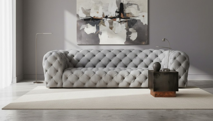 Szary Chesterfield Salon Nowoczesny Design Kanapy Sofa Meble Materiał Big xxl Nowość