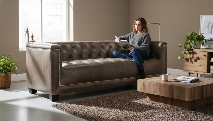 Brązowa trzyosobowa sofa skórzana Chesterfield do salonu o nowoczesnym designie kanapa nowa