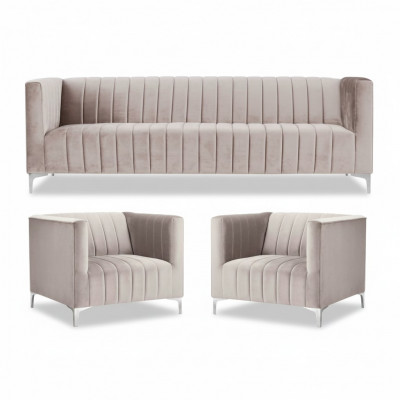 Beżowy zestaw kanap Chesterfield Meble Nowoczesny Design Tkanina Salon Kanapy
