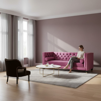 Różowy Chesterfield 2Fotel Czarny Włókienniczy Nowoczesny Design Luksusowe Meble Zestaw Sof Nowy