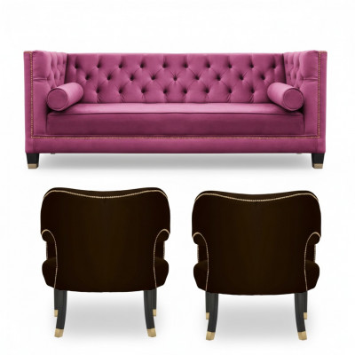 Różowy Chesterfield 2Fotel Czarny Włókienniczy Nowoczesny Design Luksusowe Meble Zestaw Sof Nowy
