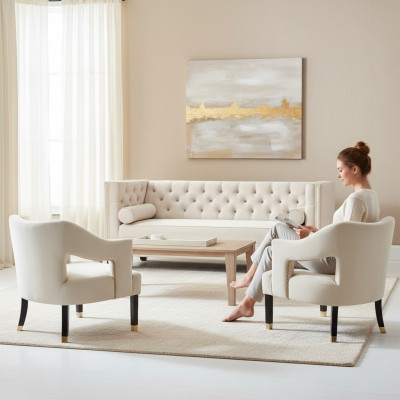 Beżowa sofa Chesterfield z weluru, zestaw mebli do salonu, kanapy i sofy, 3-osobowa.
