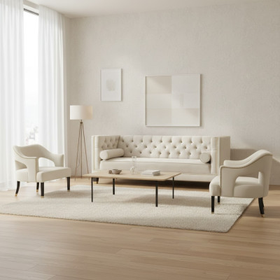 Beżowa sofa Chesterfield z weluru, zestaw mebli do salonu, kanapy i sofy, 3-osobowa.