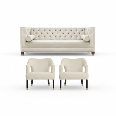 Beżowa sofa Chesterfield z weluru, zestaw mebli do salonu, kanapy i sofy, 3-osobowa.