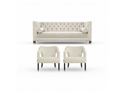 Beżowa sofa Chesterfield z weluru, zestaw mebli do salonu, kanapy i sofy, 3-osobowa.