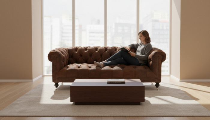 Brązowa Trzyosobowa Sofa Chesterfield Nowoczesny Design Skóra Sofa Design Meble Aksamit Materiał