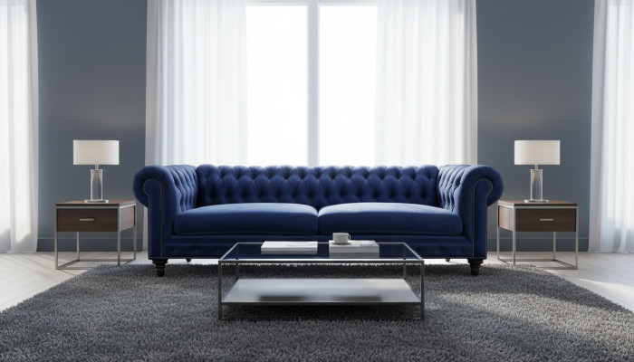 Niebieski Chesterfield Trzyosobowa Nowoczesna Sofa Wzornictwo Kanapy Meble Tkaninowe Kanapy Nowe