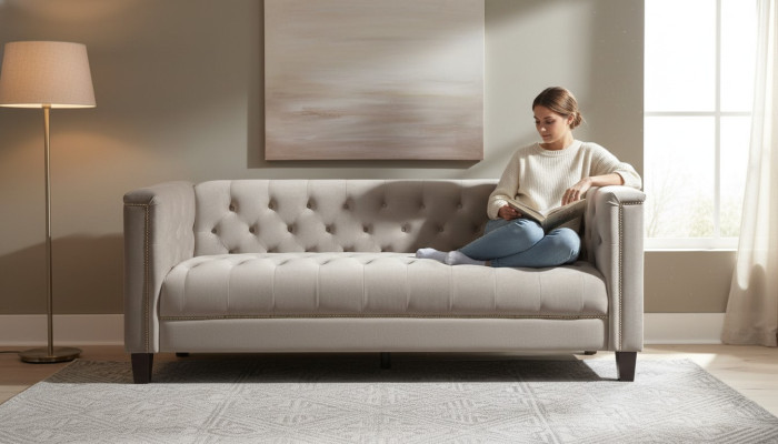 Jasnoszara Trzyosobowa Włókienniczy Chesterfield Salon Nowoczesny Design Kanapy