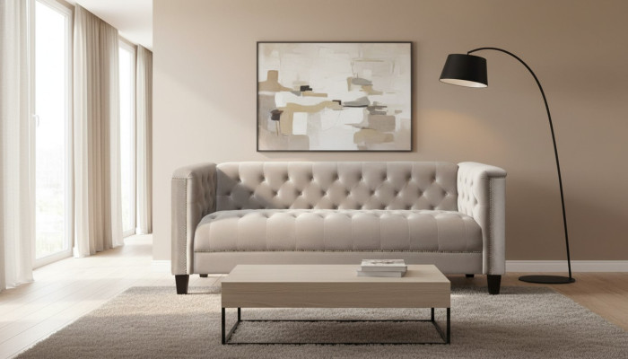 Jasnoszara Trzyosobowa Włókienniczy Chesterfield Salon Nowoczesny Design Kanapy