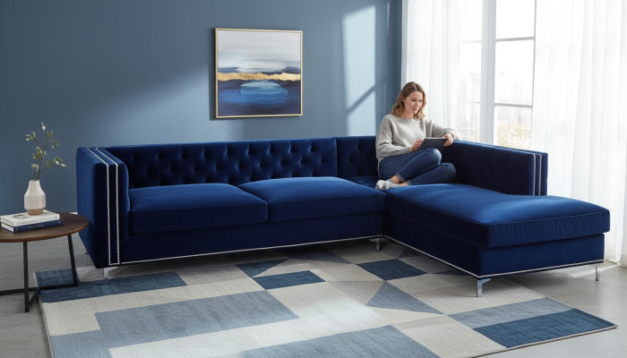Narożnikowa kanapa Blue Żywy krajobraz xxl Meble Design Couch Zestaw narożny Podkładka duża Chesterfield