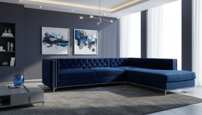 Narożnikowa kanapa Blue Żywy krajobraz xxl Meble Design Couch Zestaw narożny Podkładka duża Chesterfield
