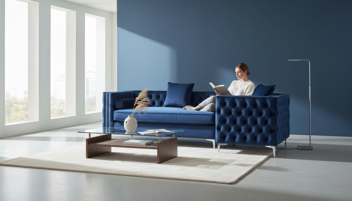 Sofa narożne Chesterfield niebieskie, narożnik kanapy obicie aksamitna tkanina, narożnik meble design