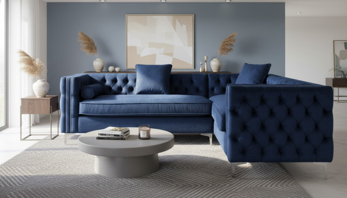 Sofa narożne Chesterfield niebieskie, narożnik kanapy obicie aksamitna tkanina, narożnik meble design