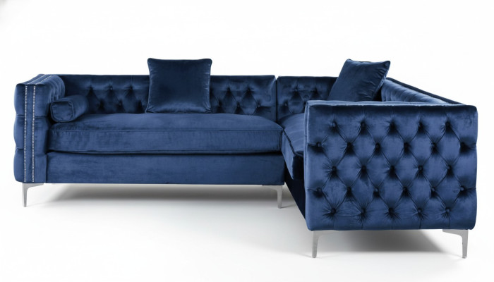 Sofa narożne Chesterfield niebieskie, narożnik kanapy obicie aksamitna tkanina, narożnik meble design