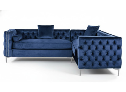 Sofa narożne Chesterfield niebieskie, narożnik kanapy obicie aksamitna tkanina, narożnik meble design