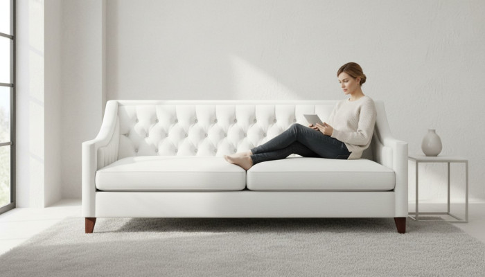 Biała Trzyosobowa Kanapa Chesterfield Nowoczesny Design Sofa Włókienniczy Nowe Oryginalne Meble