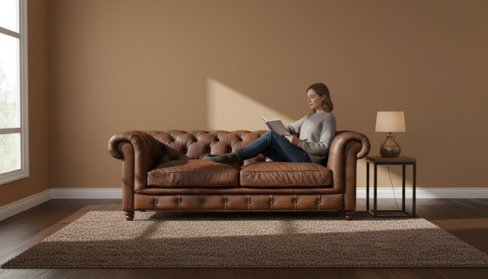 Chesterfield brązowy trzyosobowy skórzany salon nowoczesny design kanapy sofa nowa.