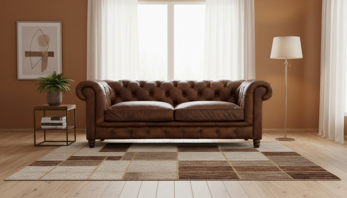 Chesterfield brązowy trzyosobowy skórzany salon nowoczesny design kanapy sofa nowa.