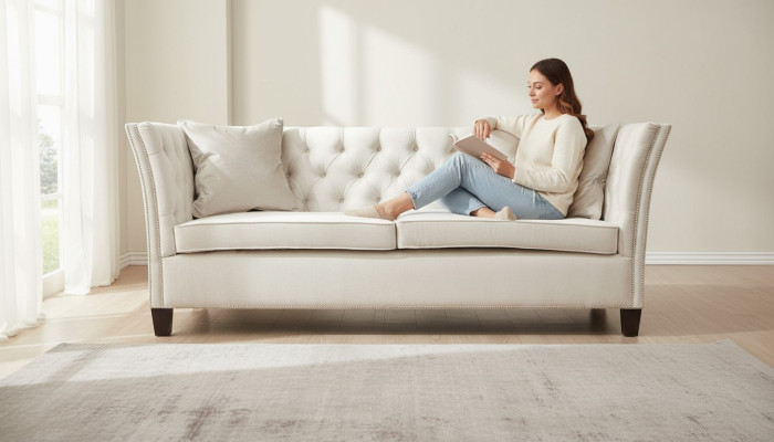 Chesterfield Dwuosobowa Jasnoszara Materiał Salon Projekt Podkładka Sofa Kreatywna