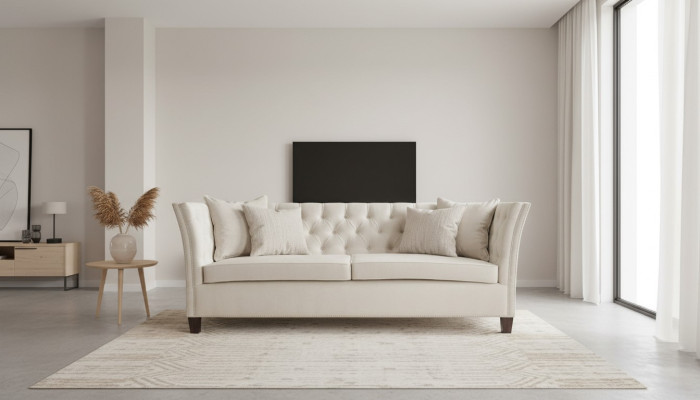Chesterfield Dwuosobowa Jasnoszara Materiał Salon Projekt Podkładka Sofa Kreatywna