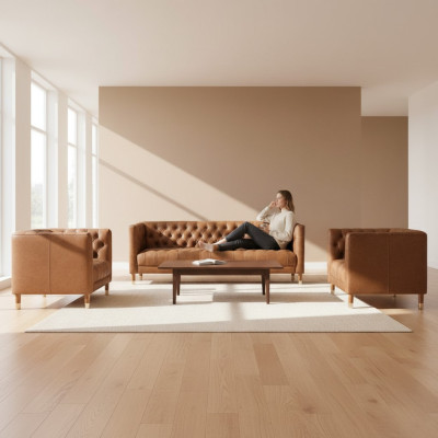 Brązowy Aksamit Chesterfield 2 Fotel Skóra Nowoczesny Design Meble Zestaw Sof Sofy Nowość