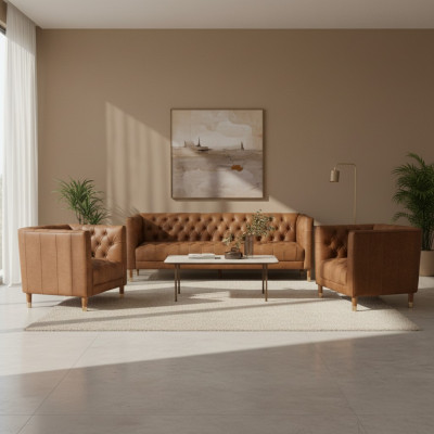 Brązowy Aksamit Chesterfield 2 Fotel Skóra Nowoczesny Design Meble Zestaw Sof Sofy Nowość