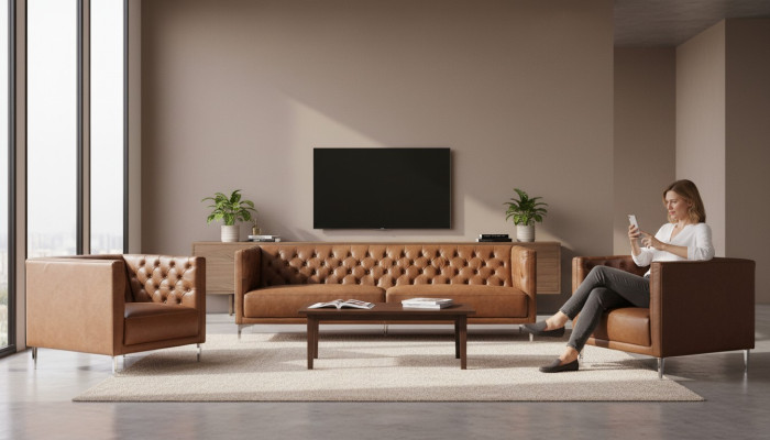 Brazowy Chesterfield 2 Fotel Skórzany Nowoczesny Design Sofa Nowy Komplet Kreatywnych Mebli Sofa