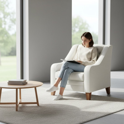 Fotel Włókienniczy Materiał Biały Creative Meble Nowy Salon Nowoczesny Chesterfield