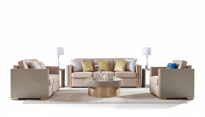 Designerska Kanapa Siedziba Podkładka 3+1 miejsce do siedzenia Beżowa Stal nierdzewna Ustawić Sofa Aksamit Nowość