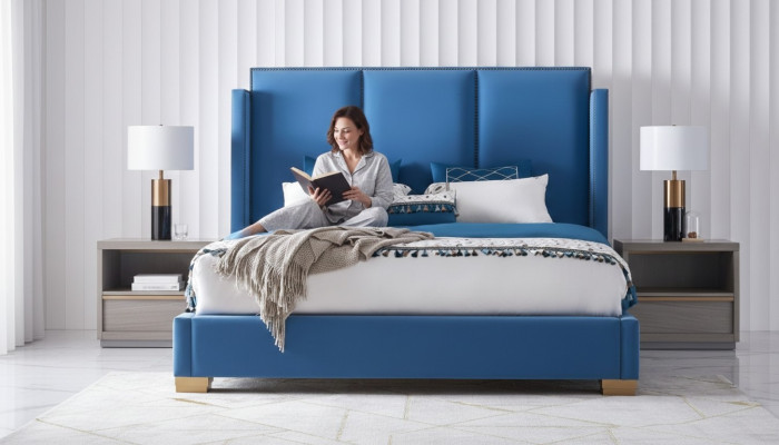 Sypialnia Design luksusowe łóżko podwójne 180x200 Włókienniczy z ramą niebieską
