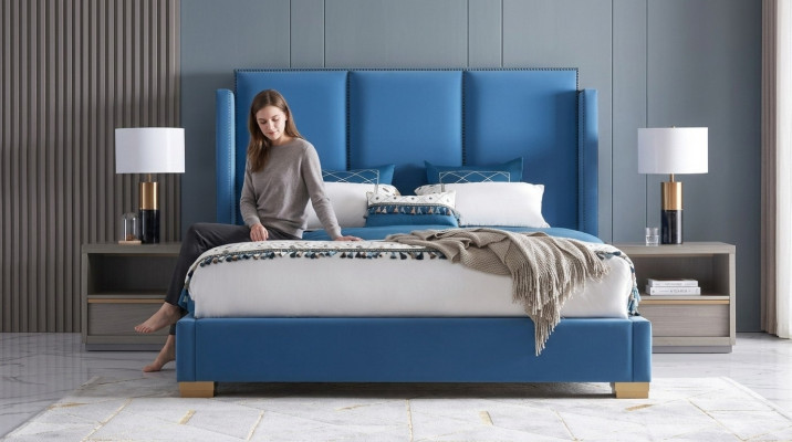Łóżko Skóra 2x Stolik nocny 3 szt. Sypialnia Zestaw Meble Modern Luxury
