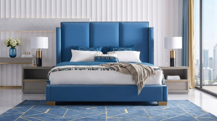Łóżko Skóra 2x Stolik nocny 3 szt. Sypialnia Zestaw Meble Modern Luxury