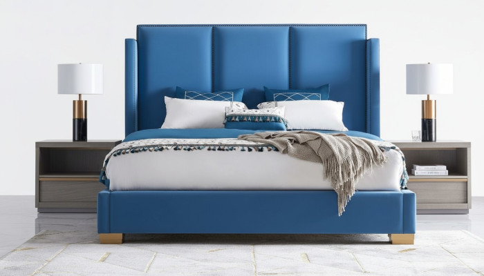 Łóżko Skóra 2x Stolik nocny 3 szt. Sypialnia Zestaw Meble Modern Luxury