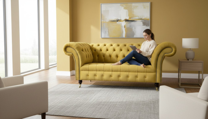 Chesterfield Design Luksusowa Podkładka Sofa Kanapa Siedziba Ustaw Skóra Włókienniczy Żółta Nowość