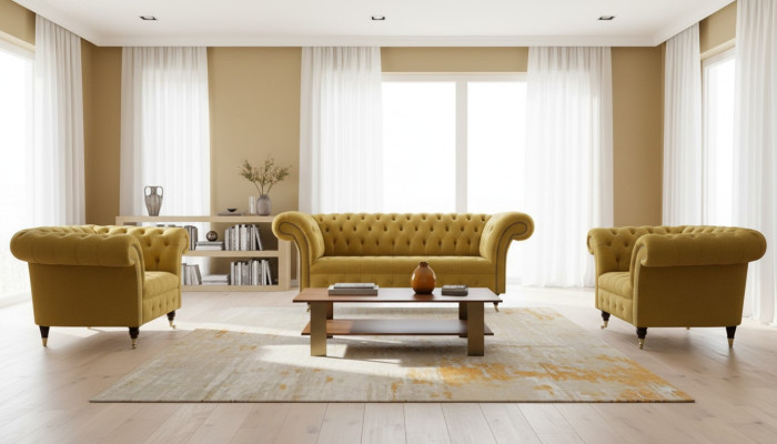 Chesterfield Design Luksusowa Podkładka Sofa Kanapa Siedziba Ustaw Skóra Włókienniczy Żółta Nowość