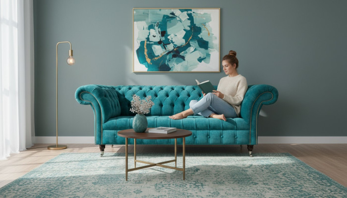 Chesterfield Couch Podkładka Sofas Classic Włókienniczy Turkis 3 miejsce do siedzenia Material